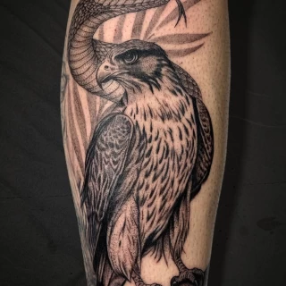Borja - guest artist -micro realism - black and grey - falcon and snake tattoo - presentation post - the black hat tattoo Dublin- 2025 - The Black Hat Tattoo