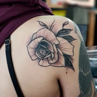 Rose Tattoo on shoulder - Blackwork Darkwork - Black Hat Tattoo Dublin - The Black Hat Tattoo