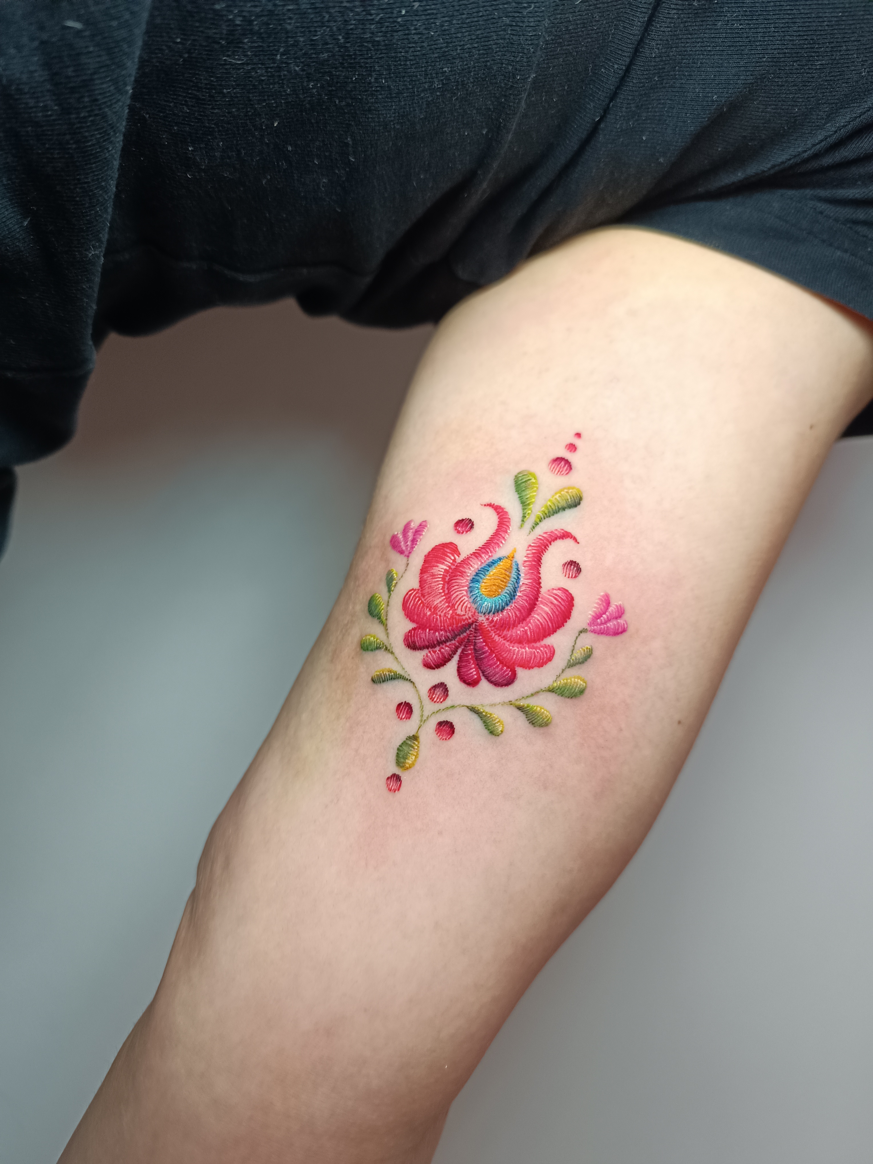 Piroska - guest artist - floral - colorwork - embroidery tattoo - the black hat tattoo Dublin- 2025 - The Black Hat Tattoo