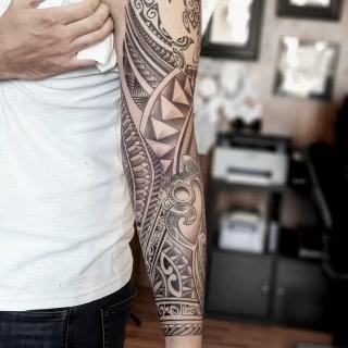 Face view full tribal sleeve -  - Tribal Neo Tribal and Maori Tattoo - Black Hat Tattoo Dublin - The Black Hat Tattoo