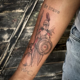 Greek Warrior Tattoo on arm - Color Watercolor and Sketch Tattoos - Black Hat Tattoo Dublin - The Black Hat Tattoo