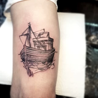 Sailor and boat tattoo on arm -  - Blackwork Darkwork - Black Hat Tattoo Dublin - The Black Hat Tattoo