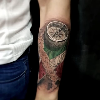 Compass and Flag tattoo - Realism, Microrealism and Portrait Tattoo - Black Hat Tattoo Dublin - The Black Hat Tattoo