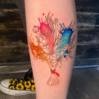 Flower on leg tattoo - Color Watercolor and Sketch Tattoos - Black Hat Tattoo Dublin - The Black Hat Tattoo