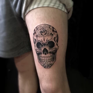 MExican skull on leg - Skull Tattoo - Black Hat Tattoo Dublin - The Black Hat Tattoo