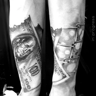 Bank note burning tattoo - Realism, Microrealism and Portrait Tattoo - Black Hat Tattoo Dublin - The Black Hat Tattoo