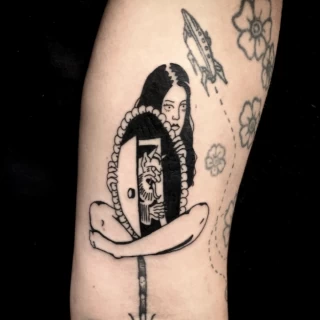 Woman and door tattoo -  - Blackwork Darkwork - Black Hat Tattoo Dublin - The Black Hat Tattoo