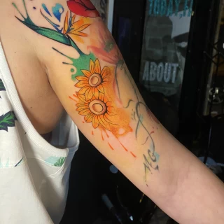 Sunflower and rose tattoo - Color Watercolor and Sketch Tattoos - Black Hat Tattoo Dublin - The Black Hat Tattoo