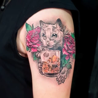 cat and whisky glass tattoo - Color Watercolor and Sketch Tattoos - Black Hat Tattoo Dublin - The Black Hat Tattoo