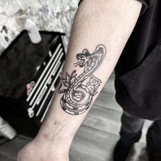 Tattoo Dublin - Tattoo Artist - Old school snake on arm black and gray - Snake Tattoo - Black Hat Tattoo Dublin - The Black Hat Tattoo