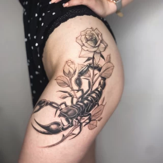 Scorpio Tattoo on leg - Black Hat Tattoo Dublin - The Black Hat Tattoo