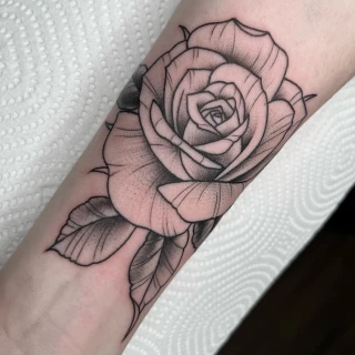 Black and grey rose tattoo on arm fine lines - Rose Tattoo - Black Hat Tattoo Dublin - The Black Hat Tattoo