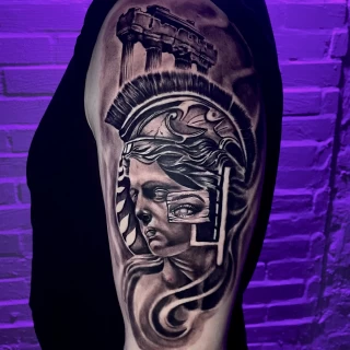 Rodrigo - guest artist - greek soldier tattoo - black and grey -realism - the black hat tattoo Dublin- 2025 - The Black Hat Tattoo