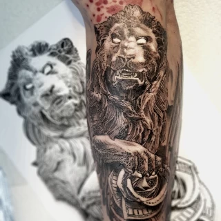 Lion neotrad statue effect - Lion Tattoo - Black Hat Tattoo Dublin - The Black Hat Tattoo