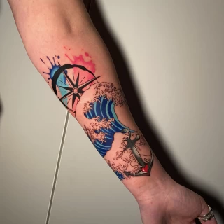 Anchor Water and Compass Tattoo - Color Watercolor and Sketch Tattoos - Black Hat Tattoo Dublin - The Black Hat Tattoo
