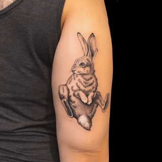 Hare or rabbit Tattoo on leg - Black Hat Tattoo Dublin - The Black Hat Tattoo