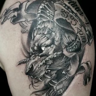 Tattoo Lion head with horns Tattoo - Neotraditional - The Black Hat Tattoo Dublin - The Black Hat Tattoo
