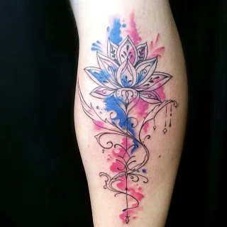 Flower Tattoo on leg - Color Watercolor and Sketch Tattoos - Black Hat Tattoo Dublin - The Black Hat Tattoo