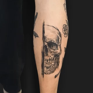Half Skull Tattoo - Blackwork Darkwork - Black Hat Tattoo Dublin - The Black Hat Tattoo