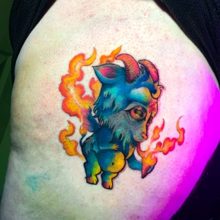 Piroska - guest artist - goat with fire turtle - colorwork - neotrad tattoo - the black hat tattoo Dublin- 2025 - The Black Hat Tattoo