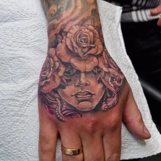 Medusa and rose - Hands & Fingers Tattoo - Black Hat Tattoo Dublin - The Black Hat Tattoo