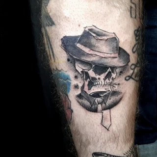 Skull with hat on leg - Skull Tattoo - Black Hat Tattoo Dublin - The Black Hat Tattoo