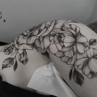 Peony full leg -  - Flower Tattoo - Black Hat Tattoo Dublin - The Black Hat Tattoo