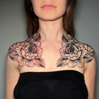Peony on shoulders - Tattoo for girls - Black Hat Tattoo Dublin - The Black Hat Tattoo