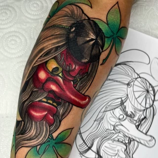 Tengu mask tattoo color - Japanese Tattoo - Black Hat Tattoo Dublin - The Black Hat Tattoo