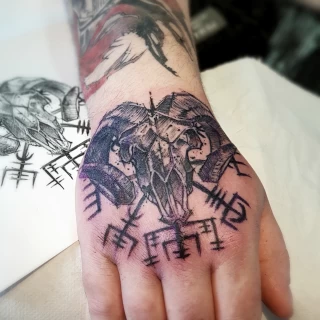 Goat skull and viking runes - Hands & Fingers Tattoo - Black Hat Tattoo Dublin - The Black Hat Tattoo