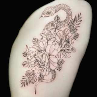 Snake tattoo and flowers - fine line tattoo - Snake Tattoo - Black Hat Tattoo Dublin - The Black Hat Tattoo