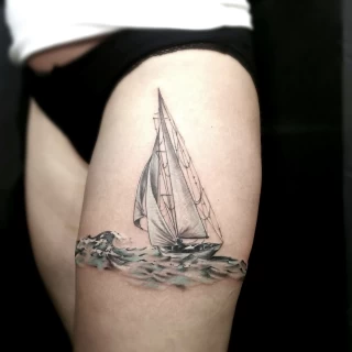 Boat on sea tattoo - Color Watercolor and Sketch Tattoos - Black Hat Tattoo Dublin - The Black Hat Tattoo