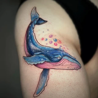Whale Color Tattoo on Leg - Black Hat Tattoo Dublin - The Black Hat Tattoo