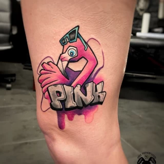 Pink Flamingo Tattoo on leg - Color Watercolor and Sketch Tattoos - Black Hat Tattoo Dublin - The Black Hat Tattoo