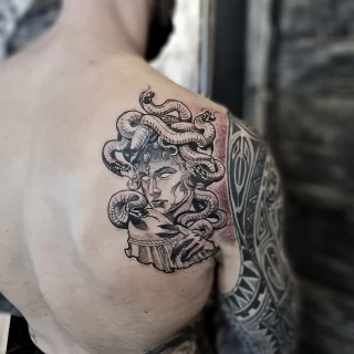 Medusa Tattoo on shoulder -  - Blackwork Darkwork - Black Hat Tattoo Dublin - The Black Hat Tattoo