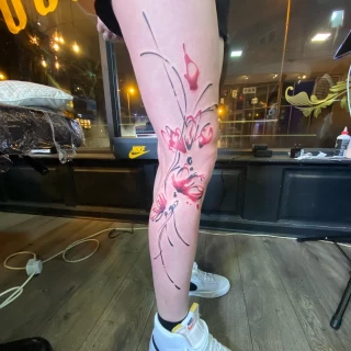 Big project Floral botanical on leg - Color Watercolor and Sketch Tattoos - Black Hat Tattoo Dublin - The Black Hat Tattoo