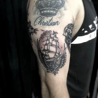 Ship Tattoo - Black & Grey Tattoo - Black Hat Tattoo Dublin - The Black Hat Tattoo