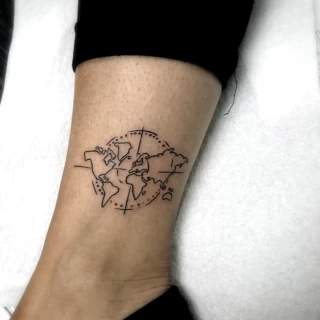 World map tattoo - Tattoo Fine Line and Line Work - Black Hat Tattoo Dublin - The Black Hat Tattoo