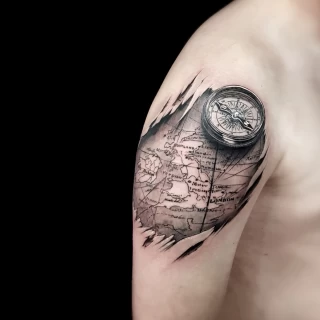 Map and Compass realistic - Realism, Microrealism and Portrait Tattoo - Black Hat Tattoo Dublin - The Black Hat Tattoo