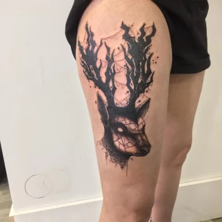 Deer Tattoo - Black Hat Tattoo Dublin - Stag on leg - The Black Hat Tattoo
