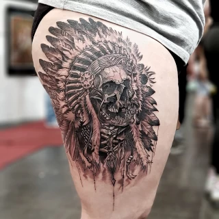 Indian Skull on leg - Skull Tattoo - Black Hat Tattoo Dublin - The Black Hat Tattoo