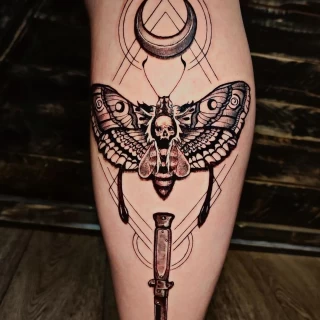 Moth Tattoo and dagger  - Black Hat Tattoo Dublin - The Black Hat Tattoo