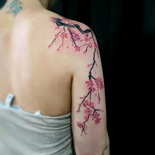 Sakura Tree and Flowers on Shoulder - Color Watercolor and Sketch Tattoos - Black Hat Tattoo Dublin - The Black Hat Tattoo