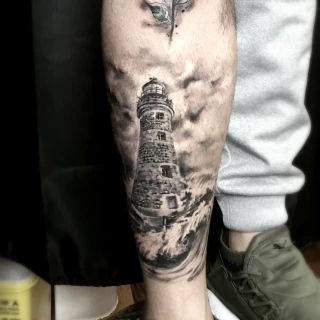 Lighthouse Tattoo - Black & Grey Tattoo - Black Hat Tattoo Dublin - The Black Hat Tattoo