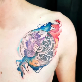 Clock Tattoo on Chest - Color Watercolor and Sketch Tattoos - Black Hat Tattoo Dublin - The Black Hat Tattoo