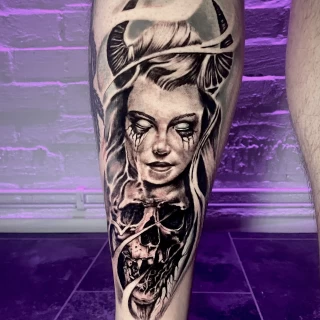 Rodrigo - guest artist - witch skull tattoo - black and grey -realism - the black hat tattoo Dublin- 2025 - The Black Hat Tattoo
