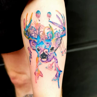 Stag Deer Tattoo on leg - Color Watercolor and Sketch Tattoos - Black Hat Tattoo Dublin - The Black Hat Tattoo