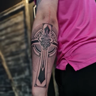 Cross line work on lower arm - Minimalism Dotwork and Linework  - Black Hat Tattoo Dublin - The Black Hat Tattoo