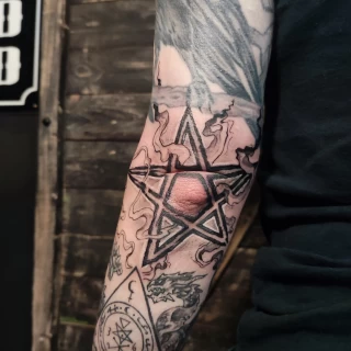 Pentagram on elbow Tattoo -  - Blackwork Darkwork - Black Hat Tattoo Dublin - The Black Hat Tattoo