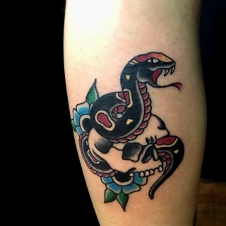 Old School Snake tattoo on leg - Snake Tattoo - Black Hat Tattoo Dublin - The Black Hat Tattoo